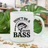 Funny "Don't Be A Dumb Bass" Fishing Mug - 11oz White Ceramic Coffee Cup with Double-Sided Fish Illustration, Ideal